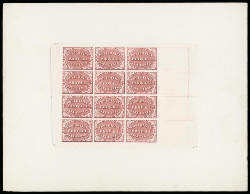 Providence R.I., 5c & 10c Se-Tenant, Plate Proof on Card, Trial Color Proofs on Card (10X2P4, 10X2TC4).> The complete set of cards comprising the plate proof on card and the four Scott-listed colors of the Trial
Color proofs on card, colors incl. Gra