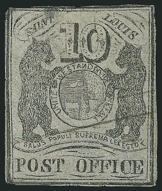 St. Louis Mo., 10c Black on Gray Lilac (11X5).> Type I, Position 2, clear margins to just barely in, rebacked and with small repair at top, otherwise Fine example of this scarce issue, with 1974 P.F.
certificate