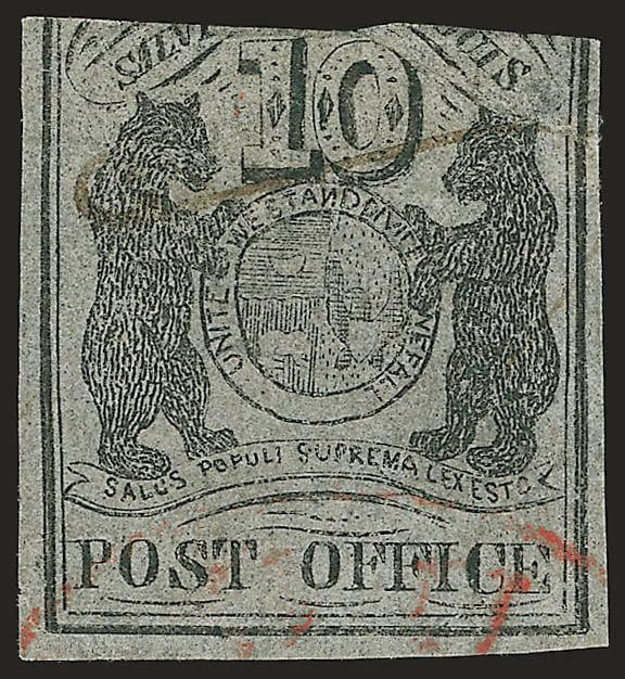 St. Louis Mo., 10c Black on Bluish Pelure (11X8).> Type I, Position 2, three large margins, in at top, light penstroke cancel and clear <red circular datestamp> at bottom, small crease and tear at top right,
otherwise almost Fine, this is the scarces