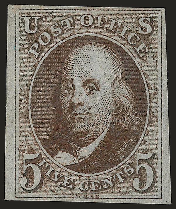 5c Deep Brown (1 var).> Unused (no gum), large to full margins, intense shade and impression, light diagonal creases at top, Very Fine appearing example of this distinctive shade, with 2005 P.F. certificate,
Scott Retail as normal shade