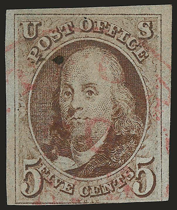 5c Red Brown (1).> Three large margins, just in at bottom, tiny spot of ms. and also with <magenta Hartford> circular datestamp, Fine, with 2005 P.F. certificate