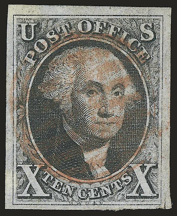 10c Black (2).> Large margins to full at bottom, crisp impression, unobtrusive strike of red grid cancel, small scissors-cut in margin only at bottom right, Very Fine, with 2005 P.S.E. certificate