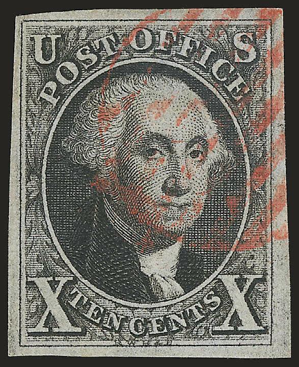 10c Black (2).> Ample to large margins, intense shade and proof-like impression, light strike of red grid cancel, Very Fine and choice, a pretty stamp