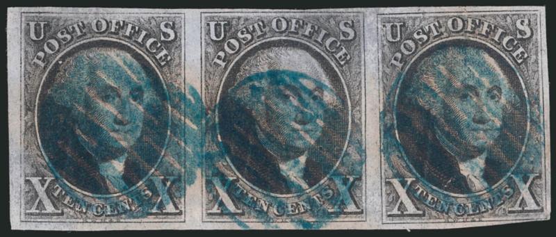 10c Black (2).> Horizontal strip of three, large margins to barely touched at bottom right, faint horizontal crease at bottom and some slight age spotting<><>^VERY FINE APPEARANCE. A SCARCE STRIP OF THREE OF THE
10-CENT 1847 ISSUE.^<><>As an indi