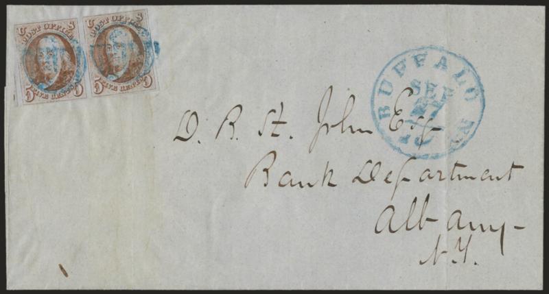 5c Orange Brown (1b).> Horizontal pair, large margins to clear incl. part of adjoining stamp at left, tied by blue grids, matching Buffalo N.Y. 10 Sep. 27 integral-rate circular datestamp on gray 1850 folded
cover to Albany N.Y., light vertical fil