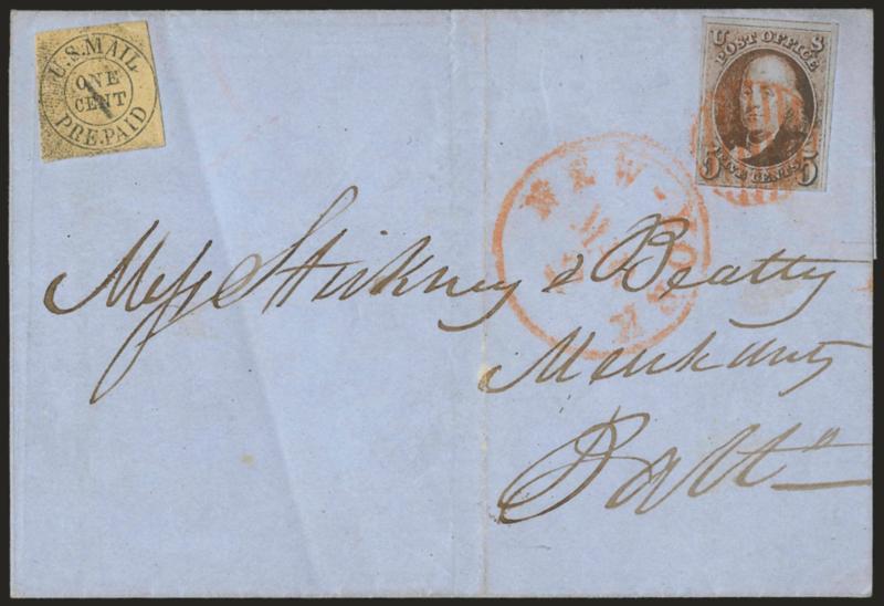 5c Deep Red Brown (1).> Three ample to huge margins, barely in at bottom, tied by seven-bar red circular grid, matching New-York Mar. 2 circular datestamp on folded cover to Baltimore used with <1c Black on Buff
(6LB11),> typical pencil cancellatio