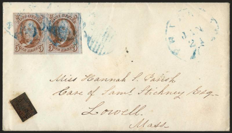 5c Orange Brown (1b).> Horizontal pair, huge margins to just in at right incl. part of adjoining stamp at right, unusually bright shade, tied by blue grids and matching Philada. Pa. 10 Jan. 21 integral-rate
circular datestamp, second strike at righ