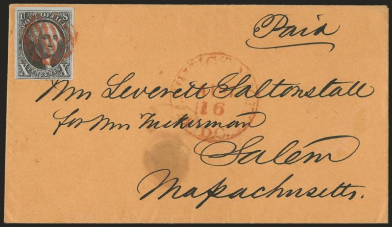 10c Black (2).> Large margins to full, tied by red grid, matching Washington D.C. Aug. 16 circular datestamp on buff cover to Salem Mass., central wax seal stain, otherwise Very Fine, with 2004 P.F.
certificate