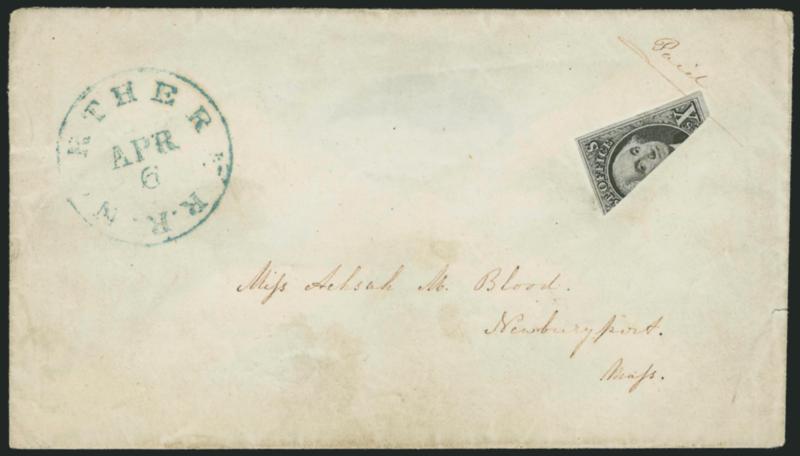 10c Black, Diagonal Half Used as 5c (2a).> Top right diagonal half, blue <Northern R.R. Apr. 6> railroad route agents circular datestamp, affixed to cover addressed in a neat hand to Newburyport Mass., ms. Paid
at right with underline under stam