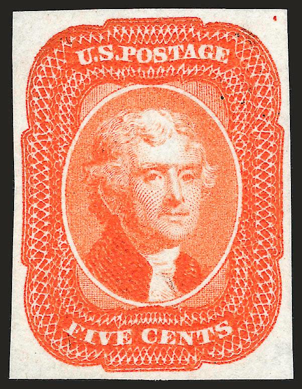 5c 1856 Issue, Trial Color Plate Proofs on Wove (12TC5).> Five, incl. Dark Olive Bister, Pale Brown, Rose Brown, Olive Green and Deep Orange, large margins incl. one with sheet margin at left, bright colors, few
trivial imperfections, Very Fine appea