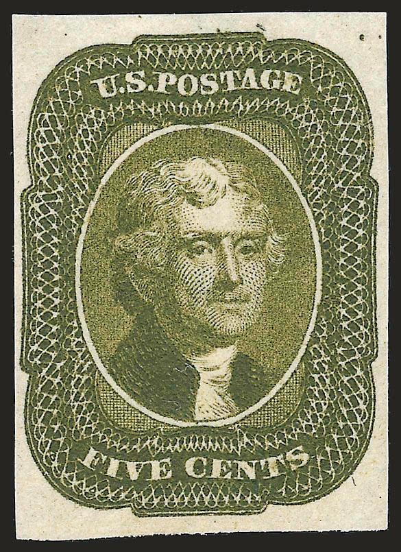 5c 1856 Issue, Trial Color Plate Proofs on Wove (12TC5).> Five, incl. Olive Brown, Pale Brown, Rose Brown, Olive Green and Deep Orange, large margins incl. one with sheet margin at top, few trivial
imperfections, Very Fine appearance, three with P.F.