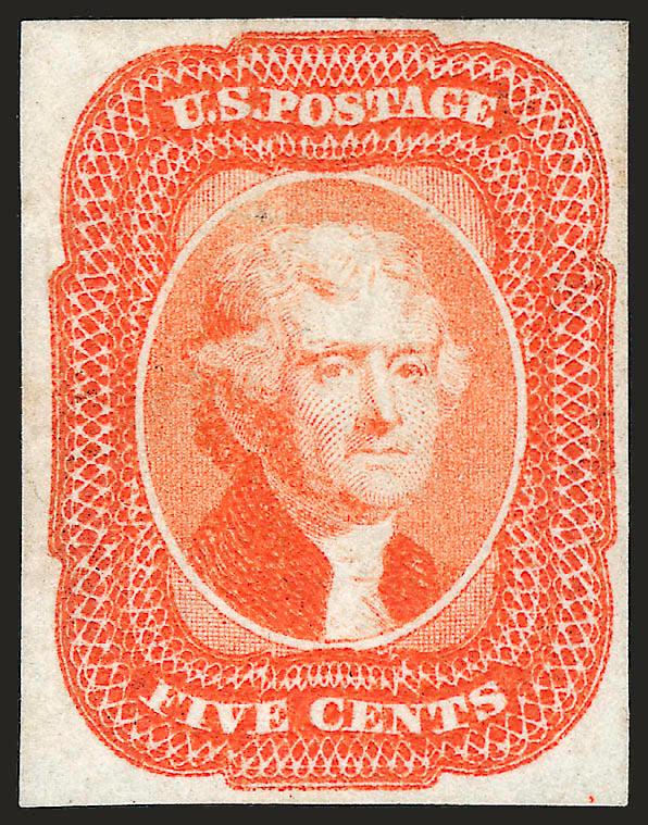 5c 1856 Issue, Trial Color Plate Proofs on Wove (12TC5).> Five, incl. Olive Bister, Pale Brown, Rose Brown, Olive Green and Deep Orange, large margins incl. one with sheet margin at left, few trivial
imperfections, Very Fine group, one with 1984 P.F.