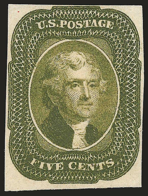 5c 1856 Issue, Trial Color Plate Proofs on Wove (12TC5).> Four, incl. Olive Bister, Pale Brown, Olive Green and Deep Orange, large margins to clear, rich colors, few tiny imperfections, Very Fine appearance,
three with 2005 P.S.E. certificates
