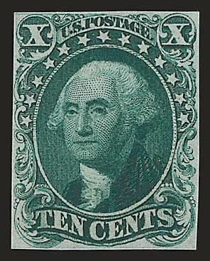 10c Green, Ty. I., Large Die Proof on India (13P1).> Stamp size but still showing layout lines around the design, rich color on bright paper, fresh and Fine, scarce large die proof for the 10c 1855 Issue, very
few are known in any state