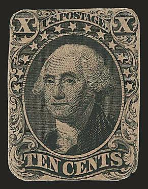 10c Black, Ty. I, Large Die Trial Color Proof on India, Cut to Shape (13TC1).> Rich color, gummed and with paper exhibiting some overall toning, thin spot at top, appears Fine, scarce, this can be distinguished
as a large die proof by the trace of la
