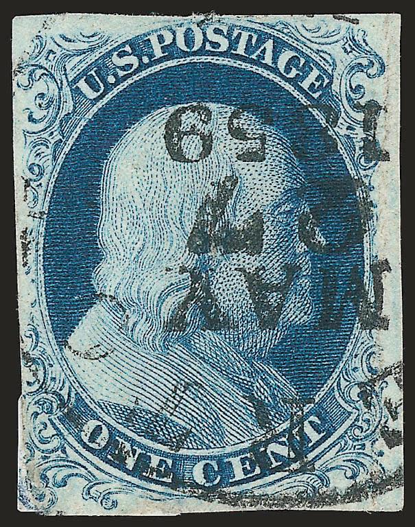 1c Blue, Ty. Ic (6b).> Position 96R4 with <Curl in C of Cent,> rich color, neat strike of 1857 circular datestamp, faint vertical crease at right, small thins and expert repair at bottom adding portions of
margin and design, Very Fine appearance,