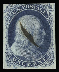 1c Blue, Ty. II (7).> Position 2R4 and <from the top row of Plate 4,> large margins to just touched at top, rich color, single penstroke, Fine, desirable from the top row of Plate 4, with 2000 P.F.
certificate