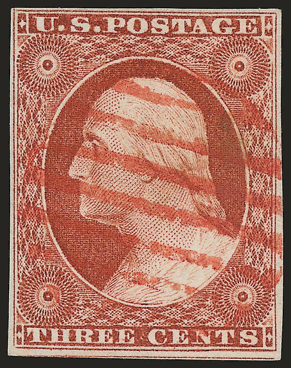 3c Orange Brown, Ty. II (10A).> Position 33L1E, full to large margins, deep rich color, neat strike of <red grid> cancel, Extremely Fine