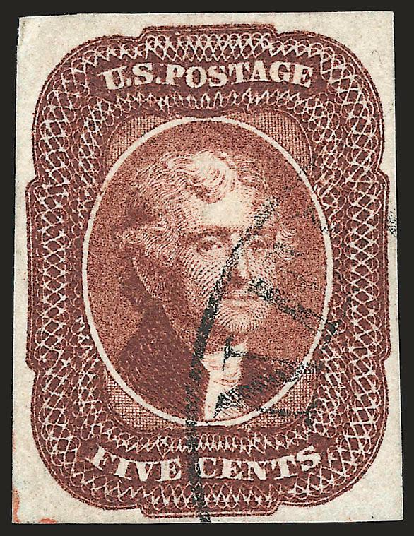 5c Red Brown (12).> Full to large margins, deep rich color, neat strike of circular datestamp and trace of red cancel at bottom left, tiny corner crease at top left, appears Very Fine, with 2005 P.F.
certificate