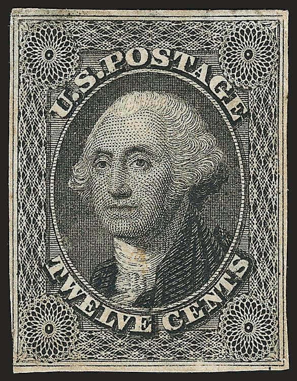 12c Black (17).> Original gum, h.r., large margins to barely touched at bottom left, intense shade and impression, small thin spots and small corner creases<><>^VERY FINE APPEARING ORIGINAL-GUM EXAMPLE OF THE
12-CENT 1851 ISSUE.^<><>With 2001 P.F