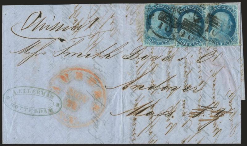 1c Blue, Ty. IIIa, II (8A, 7).> Two of No. 8A, slightly overlapping, tied by New York -- 10 with month slug removed on blue 1851 folded printed circular which also has letter on overleaf, <originating in
Rotterdam, Holland,> and sent to Andover Mas