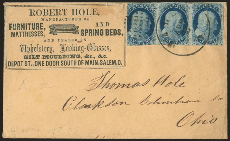 1c Blue, Ty. II, IV (7, 9).> Four covers, incl. one with singles of No. 7 and 9 used in New York, one with strip of three of No. 7 on furniture dealers illustrated corner card cover, other two with strips of No.
9 incl. one on mourning cover, appear