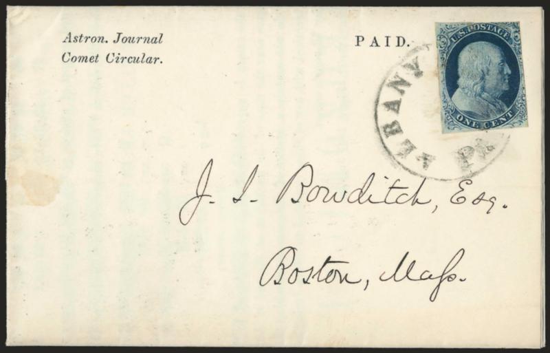1c Blue, Ty. III (8).> Position 67R4, large margins to just in, tied by Albany N.Y. Paid handstamp on printed Astronomical Journal, Comet Circular dated July 29, 1857, to Boston, small tears at top and bottom
not noted on accompanying certificate