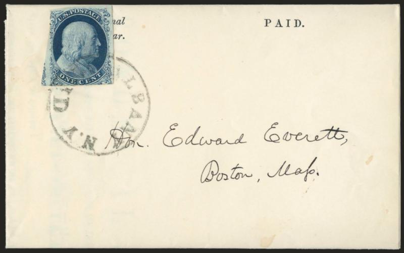 1c Blue, Ty. IIIa (8A).> Position 88L4, large margins to in, tied by Albany N.Y. Paid handstamp on folded printed circular for Astronomical Journal, Planet-Circular dated July 23, 1857, to Boston, fresh and
Fine, with 2004 A.P.S. certificate