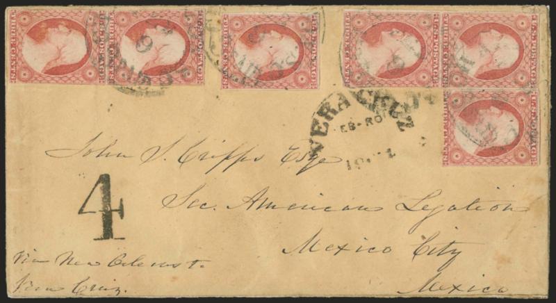 3c Dull Red, Ty. II (11A).> Two vertical pairs and two singles, tied by light strikes of Charleston S.C. 3 Paid Feb. 9 circular datestamps on buff cover <to Mexico City, Mexico,> neat Vera Cruz transit
datestamp, bold 4 reales due marking, few sma