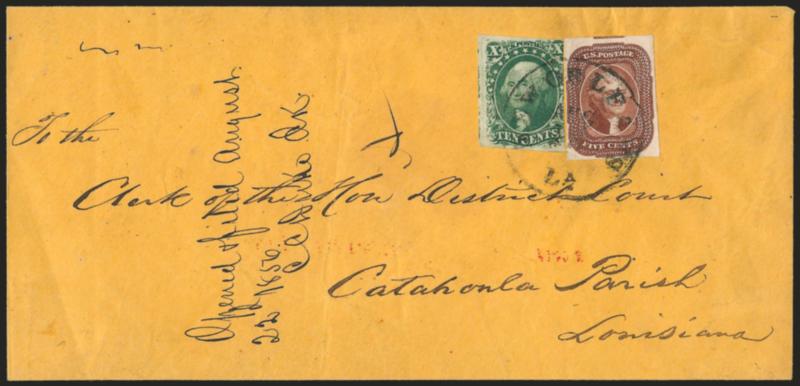 5c Red Brown (12).> Large margins to clear incl. part of adjoining stamp at top, used with <10c Green, Ty. II (14),> tied by New Orleans La. Aug. 18 circular datestamp on orange cover to Catahoula Parish La.,
1856 docketing at left, cover refolded,