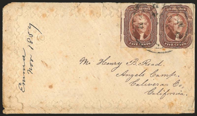 5c Red Brown (12).> Horizontal pair, large margins to just in at bottom incl. part of adjoining stamp at left, tied by Richmond Va. Nov. 13 circular datestamp on small cover <to Angels Camp Cal.,> 1857 docketing
at left, some toning, missing small