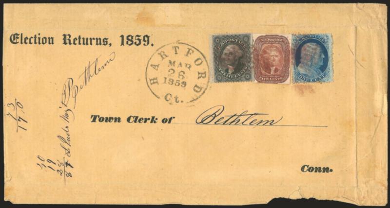 5c Red Brown (12).> Large margins to just touched, <used with 1c Blue, Ty. V (24) and 12c Black (36),> all three stamps slightly overlapping and tied by <magenta> grids, bold black Hartford Ct. Mar. 26, 1859
circular datestamp on large part of 1859
