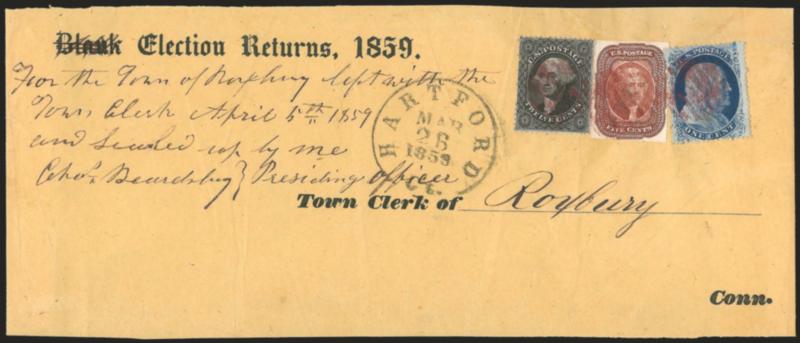 5c Red Brown (12).> Large margins to just touched, <used with 1c Blue, Ty. V (24) and 12c Black (36),> all three stamps slightly overlapping and tied by <magenta> grids, bold black Hartford Ct. Mar. 26, 1859
circular datestamp on large part of 1859