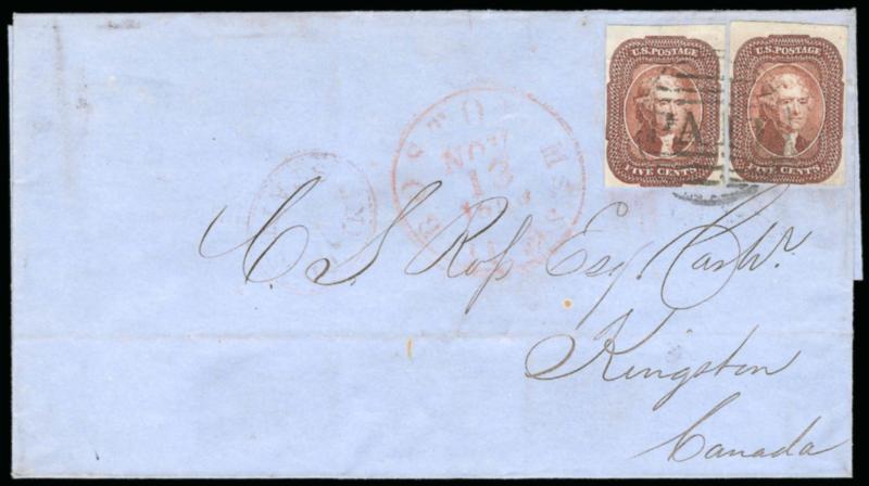 5c Red Brown (12).> Two, huge margins to in at bottom incl. <sheet margin at top,> tied by large Paid grid, red Boston Ms. 10cts. Nov. 13 integral-rate circular datestamp on blue 1856 folded cover <to Kingston,
Canada,> red United States oval h