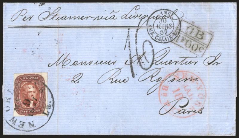 5c Red Brown (12).> Large margins to clear, tied by New Orleans La. Mar. 9, 1857 circular datestamp on blue folded cover <to Paris, France,> red New-York Br. Pkt. Mar. 18 transit circular datestamp, neat
^GB1F60C^ Anglo-French accountancy hand