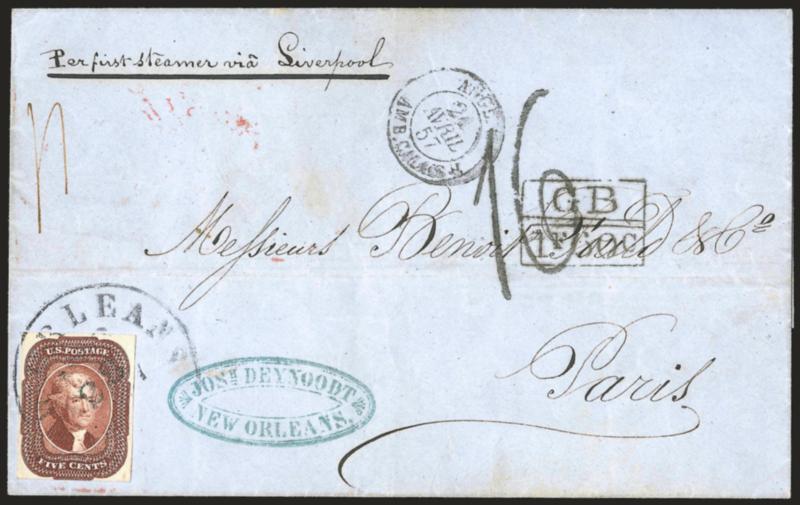 5c Red Brown (12).> Large margins to barely touched at bottom, tied by New Orleans La. Mar. 23 circular datestamp on blue 1857 folded cover <to Paris, France,> Boston and London transit backstamps, neat
^GB1F60C^ Anglo-French accountancy handsta