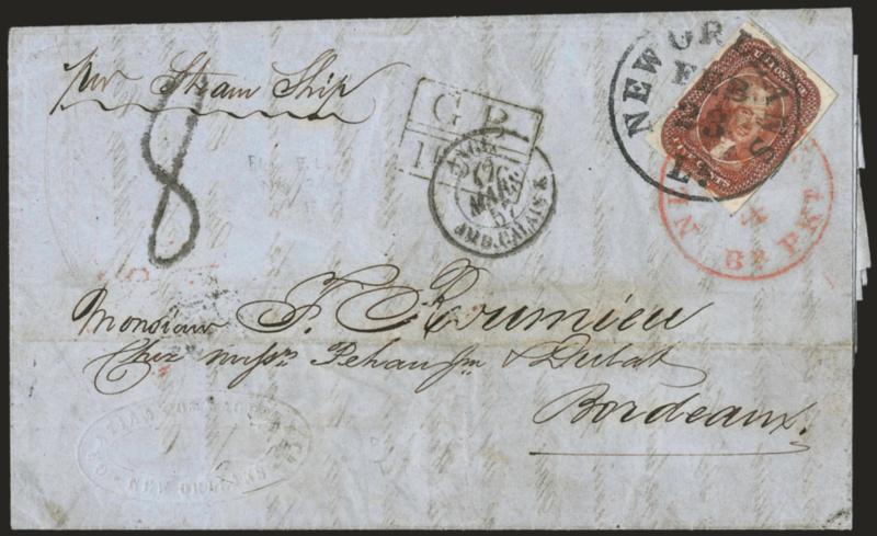 5c Red Brown (12).> Large even margins, brilliant color, tied by New Orleans La. Feb. 23 circular datestamp and also by red New-York Br. Pkt. Mar. 4 transit circular datestamp on blue 1857 folded letter <to
Bordeaux, France,> neat ^GB1F60C^ An