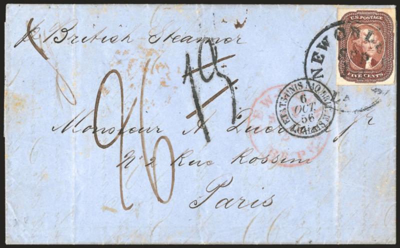 5c Red Brown (12).> Large margins all around, tied by New Orleans La. Sep. 14 circular datestamp on blue 1856 folded letter <to Paris, France,> red New York transit circular datestamp, bold 13 decimes due
handstamp crossed out and uprated in ms.