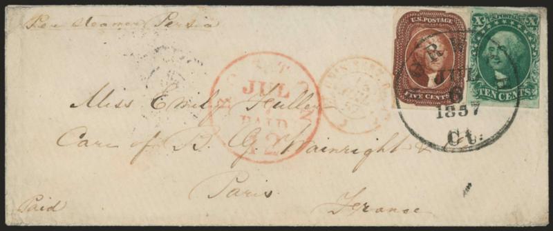 5c Red Brown (12).> Large margins to clear, used with <10c Green, Ty. II (14)> and tied by <Norwich Ct. Jul. 6, 1857> circular datestamp on small cover <to Paris, France,> red French transit also ties stamp, red
Boston Paid 12 Jul. 7 credit dates