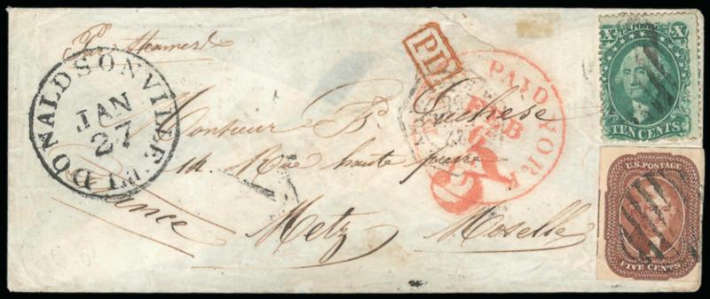 5c Red Brown (12).> Large margins to clear, used with <10c Green, Ty. I (31),> tied by grids, Donaldsonville La. Jan. 27 circular datestamp on small 1858 cover <to Metz, France,> red New York Paid 6 Feb. 6
credit datestamp, red 3 credit applied