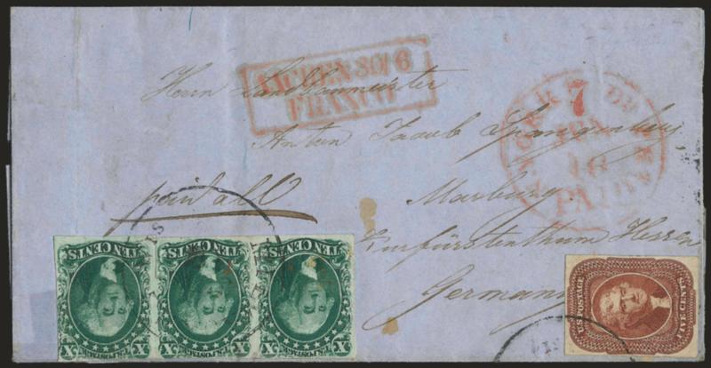 5c Red Brown (12).> Bright shade, large margins, tied by <horizontal strip of three of 10c Green, Ty. III (15),> large margins to in, tied by Milwaukee Wis. Jun. 12 circular datestamp on slightly reduced blue
1856 folded letter <to Marburg, Germany