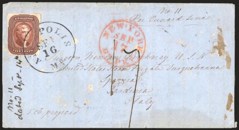 5c Red Brown (12).> Large margins to just touched at bottom and left, tied by well-struck Annapolis Md. Sep. 16 circular datestamp on large part of 1856 blue folded letter <to Sardinia, Italy,> New York Br. Pkt.
transit, ms. 17 decimes due markin