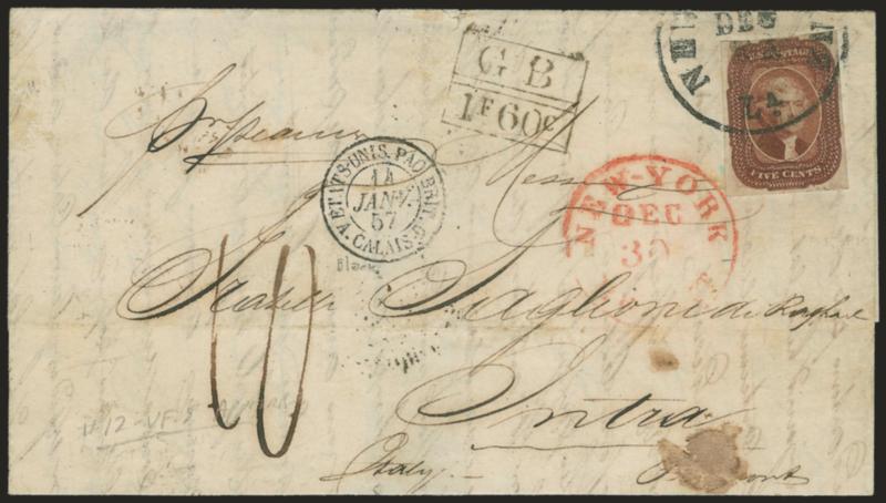 5c Red Brown (12).> Large margins to barely touched at top, tied by New Orleans La. Dec. 21 circular datestamp on 1856 folded letter <to Intra, Italy,> red New-York Br. Pkt. Dec. 30 circular datestamp, clear
strike of ^GB1F60C^ Anglo-French ac