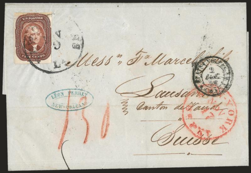 5c Red Brown (12).> Large margins to clear except at top where piece added and part of design drawn in, tied by New Orleans La. Nov. 9 circular datestamp on 1856 folded cover <to Laussane, Switzerland,> red
New-York Br. Pkt. Nov. 17 circular date