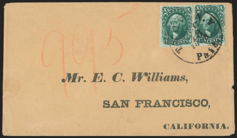 10c Green, Ty. II, III (14, 15).> Large margins to clear, deep rich colors, tied by well-struck Troy NY. Paid Dec. 18, 1858 circular datestamp on cover with printed address to San Francisco Cal., minor edgewear,
Very Fine, with 2004 P.F. certificat