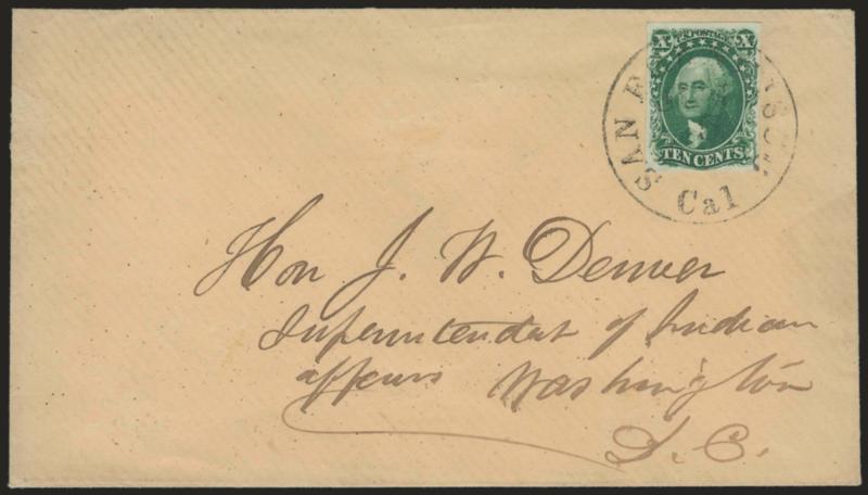 10c Green, Ty. IV (16).> Position 54L1, recut at bottom, large even margins, beautiful bright shade and proof-like impression, tied by neat San Francisco Cal. Jun. 5 circular datestamp on cover to Hon. J. W.
Denver at Washington D.C., top flap part