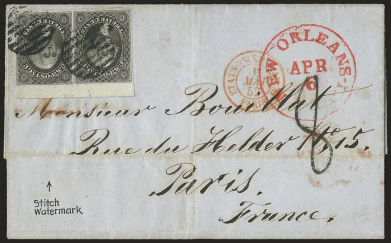 12c Black (17).> Horizontal pair, large margins to huge incl. <sheet margin at top,> showing clear stitch wmk. in sheet margin, tied by grids, red New Orleans La. Apr. 6 circular datestamp on blue 1852 folded
letter <to Paris, France,> file folds w