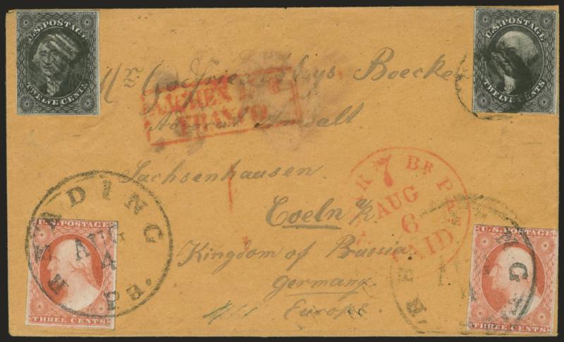 12c Black (17).> Two, margins clear to barely in, used with two 3c Dull Red, Ty. II (11), stamps artfully placed at all four corners of the cover, tied by either grids or Reading Pa. Aug. 4 circular datestamps
on orange cover <to Coeln, Germany,> r
