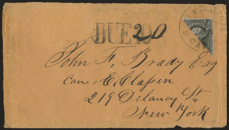 12c Black, Diagonal Half Used as 6c (17a).> Top right diagonal half, tied by San Francisco Cal. 1 Sep. circular datestamp on buff cover front only to New York, bold Due 10 handstamp with ms. 20 over the 10, some
edge flaws, otherwise Very Fine