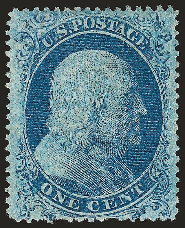 1c Blue, Ty. I (18).> Faintly cancelled (appears unused), deep rich color with typical plate wash, wide margins, Very Fine and choice, with 2004 A.P.S. certificate